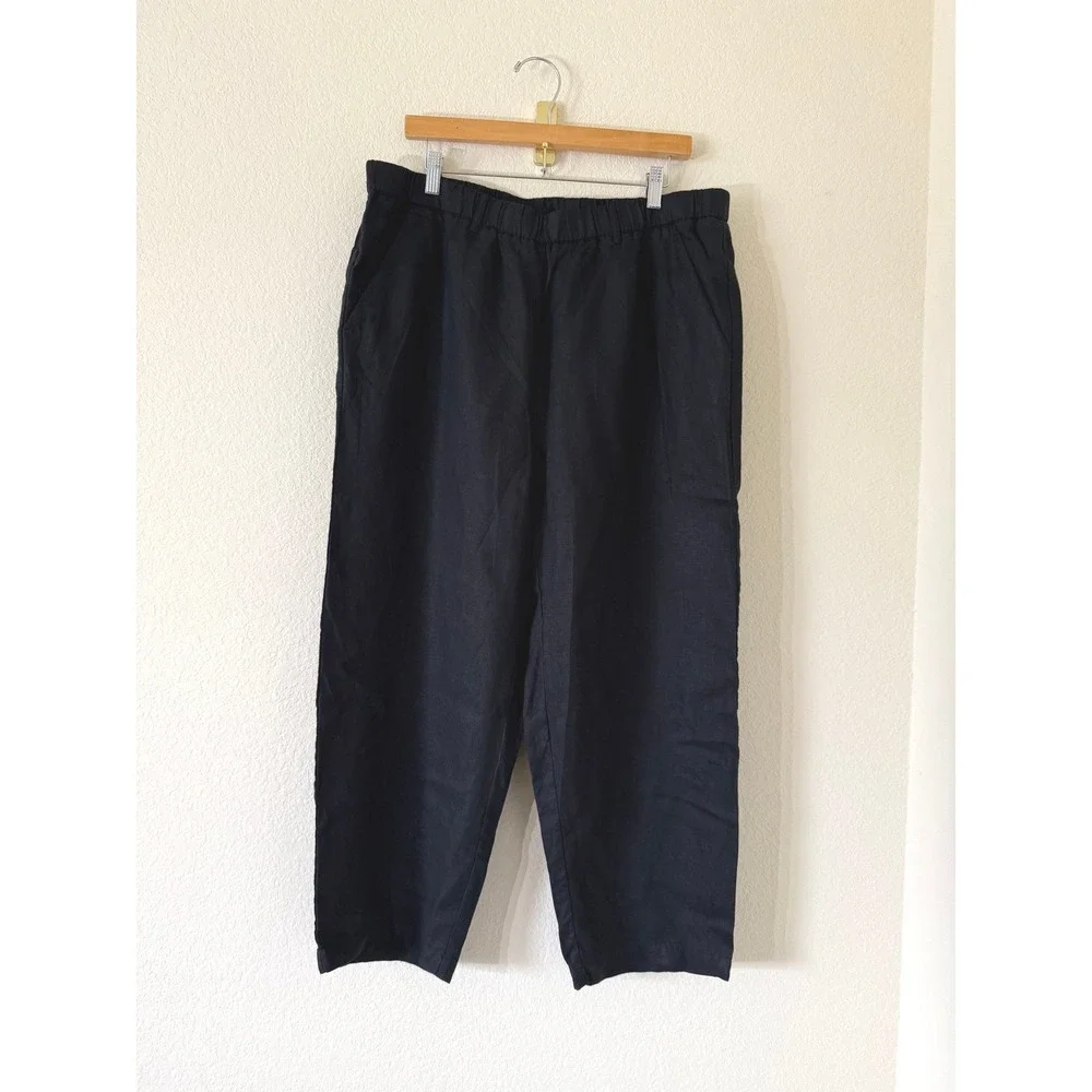 Quince Women's Black 100% European Linen Wide Leg High Rise Pants XL Minimalist